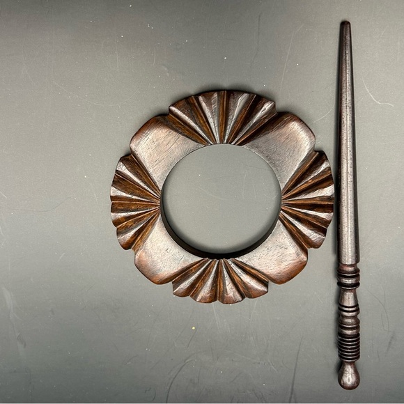 Handmade Round Dark Wooden Shawl Pin Hair Pin 3” Artisan Natural Earthy Textured - Picture 2 of 3